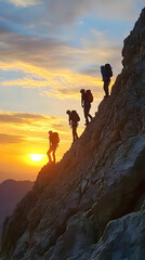 Mountain Climbers Summit at Sunrise Photo