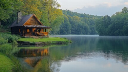 Obraz premium A wooden cabin sits on the edge of a tranquil lake, surrounded by lush greenery. The reflection of the cabin is visible in the still water, creating a picturesque scene.