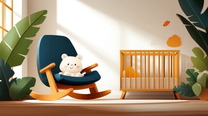 Bright nursery features a wooden crib and a navy rocking chair with a plush bear, surrounded by large leafy plants, exuding warmth and tranquility.