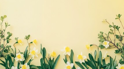 A vibrant scene depicting fresh green leaves and blooming daffodils against a light yellow backdrop, perfectly capturing the essence of March and the arrival of spring.