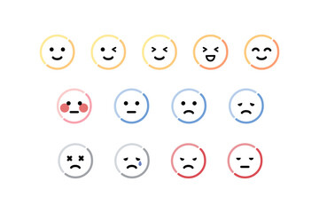 Happy, sad, angry, tired emoji face emoticon set. Round emoji with different mood. Feeling, emotion, facial expression concept. Outlined cartoon character vector design isolated illustration.