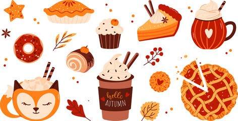 Set of cute pumpkin spice products, food and drinks isolated on white background. Seasonal flavored products, latte in a fox cup, donut, cupcake, pie, cinnamon bun. Vector flat illustration