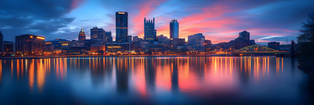 Vibrant Pittsburgh Sunset Photo - Cityscape Reflected in Water
