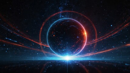 Cosmic Tech-Themed Background with Radiant Sphere and Particle Effects