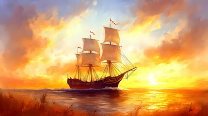 Sailing into Sunset: A Ship's Journey Across the Golden Sea