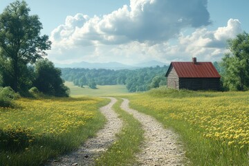 Obraz premium A winding dirt road leads to a small wooden cabin nestled in a field of yellow wildflowers, with mountains in the background and a blue sky with fluffy white clouds.