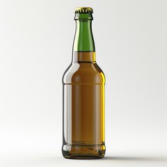 A bottle of beer is shown in a clear glass bottle