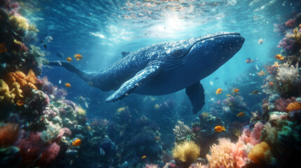 Fototapeta premium A majestic blue whale gracefully glides through a vibrant coral reef, surrounded by colorful fish.