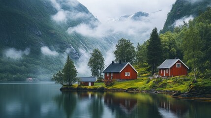Fototapeta premium Three red houses on the shore of a fjord surrounded by misty mountains.