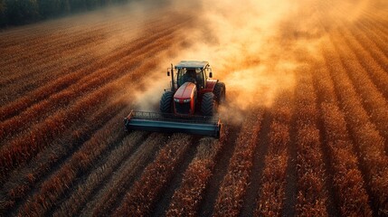 Fototapeta premium A red tractor working a field at sunset, kicking up dust as it cuts through the rows of crops.