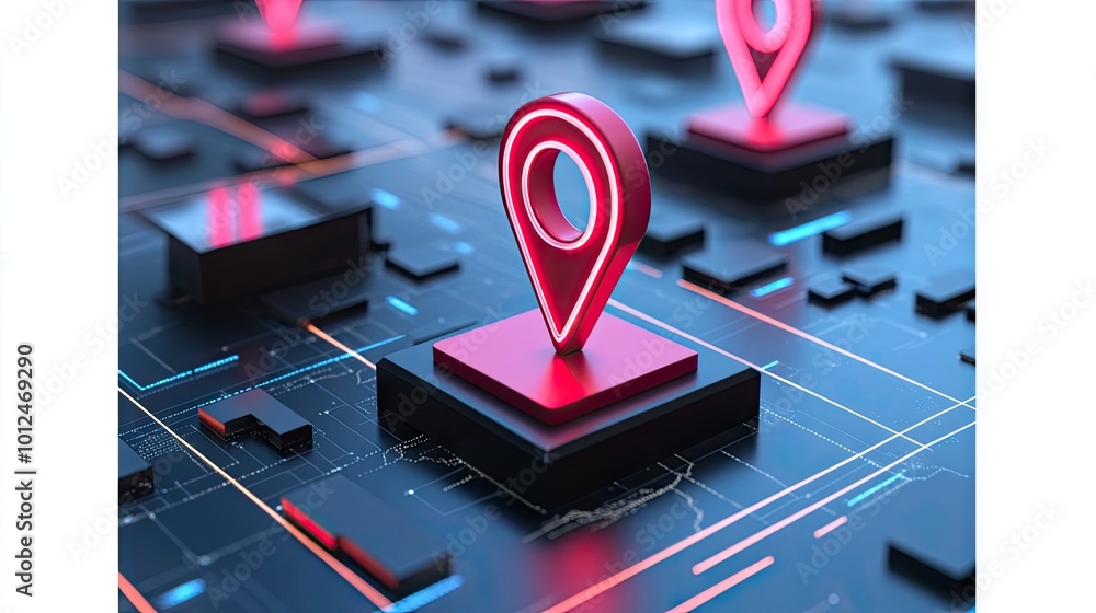 Poster neon map pin glowing on a futuristic map interface, with ai-driven data overlays and grid lines repr