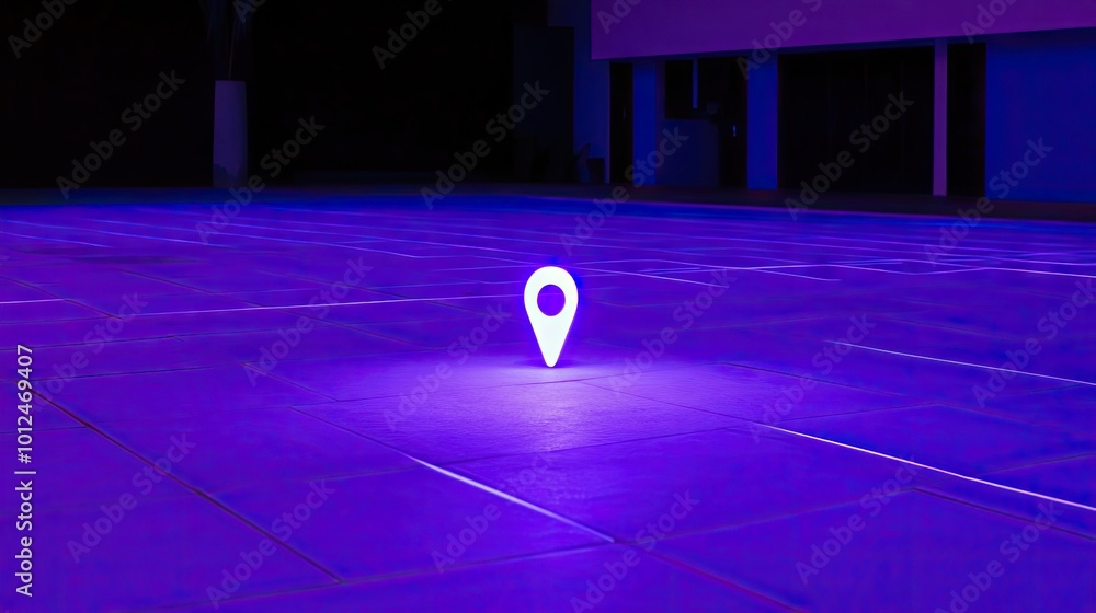Poster neon map pin glowing on a futuristic map interface, with ai-driven data overlays and grid lines repr