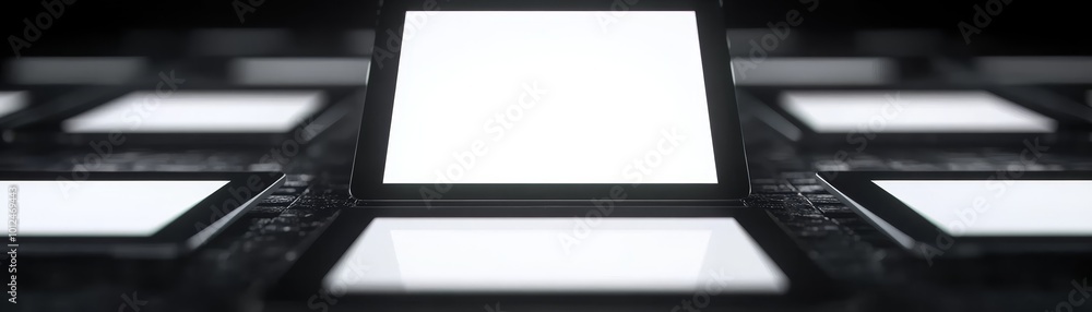 Aufkleber hyper-realistic photo of multiple tablets lined up displaying cyber monday sales, with a huge blank 