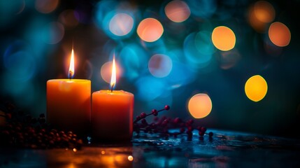 Two burning candles on a table with red berries in the foreground and a blurred background of blue and orange bokeh lights.