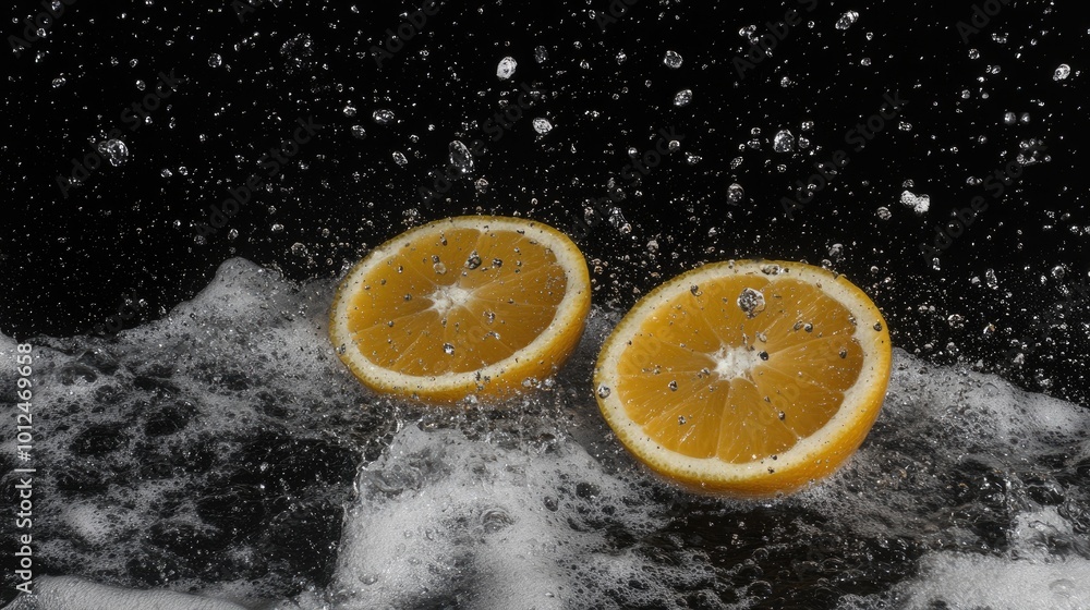 Poster orange segments splashing in water, droplets flying, creating a vivid image of citrus freshness and 