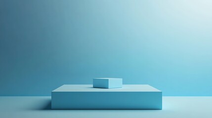 Empty blue cube stage platform for presenting new product against blue background in minimalist design. 3D render.