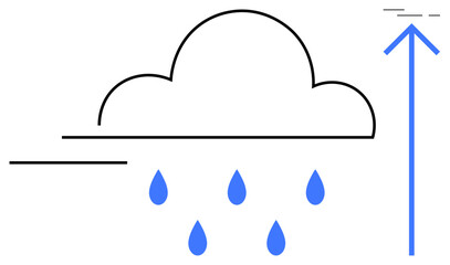 Black outlined cloud with blue raindrops and a blue arrow pointing upward. Ideal for weather forecast, meteorology, climate change, education, and environmental awareness. Minimalist, clean, modern