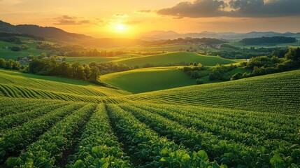 Naklejka premium A picturesque sunset over a rolling green field.