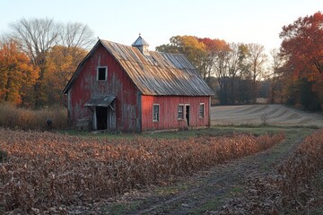 Obraz premium A weathered red barn stands in a field of brown, dried crops. The barn has a weathered wooden door and several windows. The field is bordered by a wooded area with colorful fall foliage.