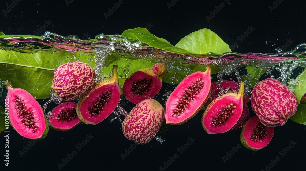 Poster pink guavas splashing into clear water, droplets creating a refreshing display of color and vibrancy