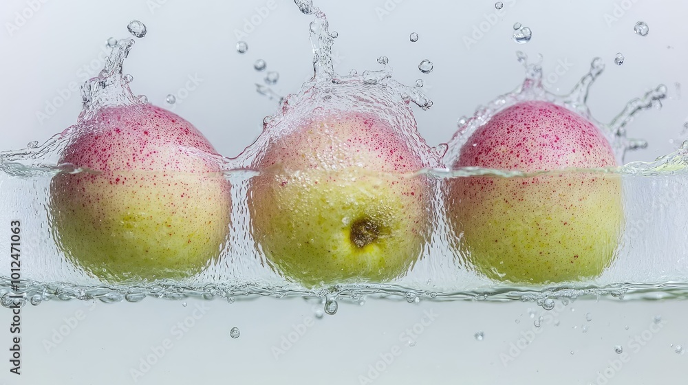 Poster pink guavas splashing into clear water, droplets creating a refreshing display of color and vibrancy