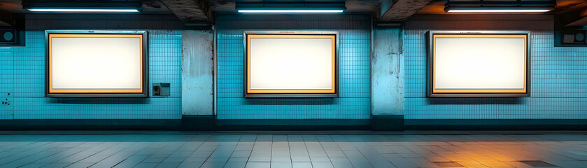 Illustration of Blank Subway Posters on Blue Tile Wall