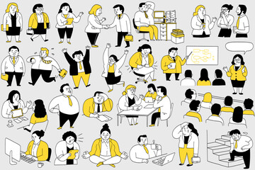 Cute character illustration of fat business man and woman in various actions and poses. Outline, thin line art, hand drawn sketch design, simple style.