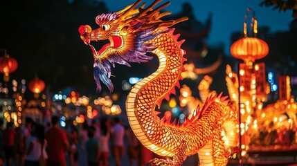 Fototapeta premium A lively real-life image of Chinese New Year festivities, showcasing vibrant decorations, traditional performances, and cultural symbols like lanterns and dragons