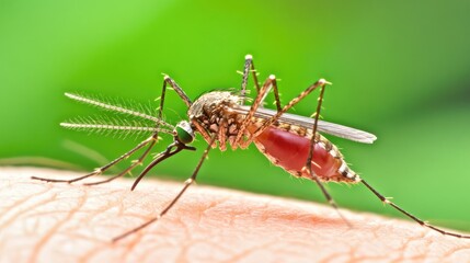 Fototapeta premium Realistic shot of a mosquito on a human arm, its red abdomen and slender legs clearly visible, emphasizing the texture of both skin and insect.