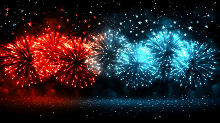 Fireworks Display: Red and Blue Explosions in the Night Sky