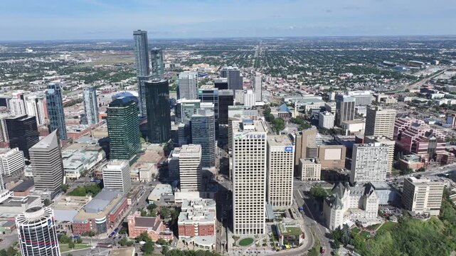 Edmonton, AB, Canada, aerial video view, flying along Edmonton Downtown skyline with famous buildings and skyscrapers. Situated on the "North Saskatchewan River" in Canadian province Alberta