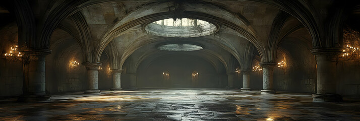 Gothic Hall Illustration:  Ancient Architecture with Stone Pillars and Arched Ceilings