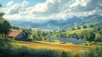 A picturesque scene of a farmhouse with solar panels and wind turbines in a green valley, with majestic mountains in the background.