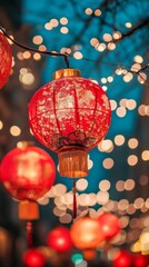 "A lively real-life image showcasing the vibrant atmosphere of Chinese New Year, with festive decorations, traditional performances, and cultural symbols that embody the joy and traditions