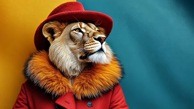 Lion wearing a red hat and coat, colorful portrait. Creative animal fashion concept