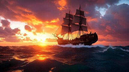Obraz premium Sailing Ship at Sunset with Dramatic Sky