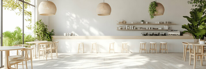 Minimalist Cafe Interior 3D Illustration: Sunlight, Plants, and Wooden Furniture