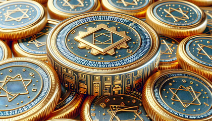 Obraz premium Flat Close-Up of Hanukkah Gelt with Futuristic Binary Code Etched in Gold - Macro Shot Blending Tradition with Cutting-Edge Technology