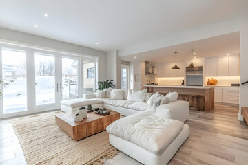 Fototapeta premium Modern White Living Room Interior Photo With Open Kitchen