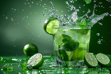 Refreshing lime and mint cocktail splashing with ice cubes