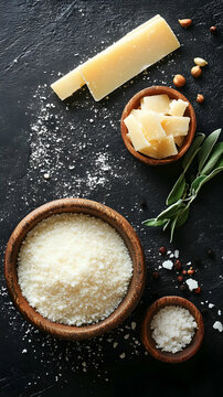 Parmesan Cheese Photo - Parmesan, Cheese, Grated, Black Background, Wooden Bowl, Sage, Salt, Peppercorns, Hazelnuts, Food Photography