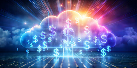 Obraz premium Holographic Cloud Releasing Glowing Financial Symbols with Copy Space - Artistic Image of Dollar Signs Against a Glossy Background for Cloud Finance and Data