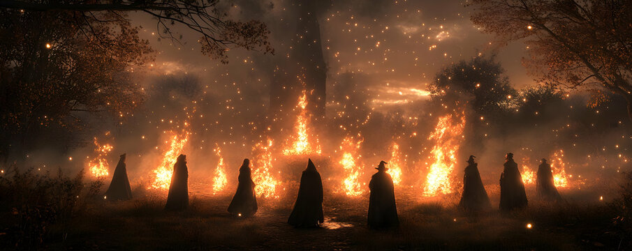 Illustration of Witches in Robes Gathered Around Bonfires in a Forest