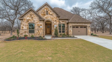 Obraz premium The front view of a newly built luxury home with a large, green front yard, showcasing its modern design and architectural beauty in a picturesque neighborhood.