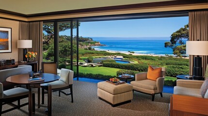Fototapeta premium Traditional-style luxury living room with a cozy seating area, a grand carpet, and large windows overlooking the serene blue sea.