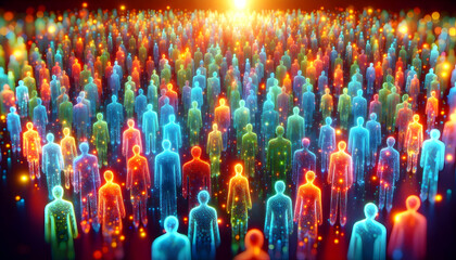 Fototapeta premium 3D Glowing Abstract Crowd of Diverse Human Figures Symbolizing Equality and Community for Human Rights Day � Vibrant Colors and Light Background