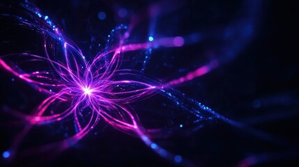 Fototapeta premium Abstract vibrant flower design with glowing pink and blue elements on a dark background.