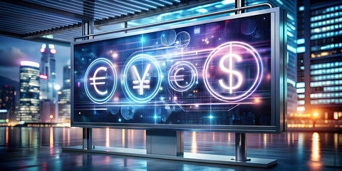 Fototapeta premium Holographic billboard with glowing currency symbols and copy space concept as An image of a glossy holographic billboard displaying glowing currency symbols; set against a holographic background provi