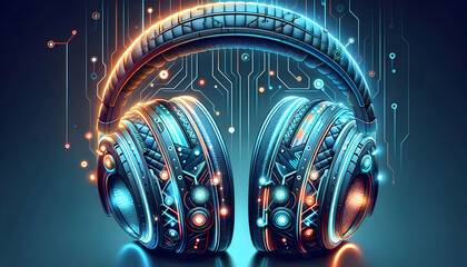 Futuristic Earmuffs Close-Up: Glowing Holographic Patterns | Macro Shot of Intricate Winter Accessories for Promotions