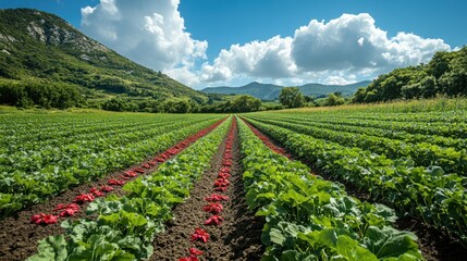 A field of green plants with red flowers growing in rows under a blue sky with white clouds and mountains in the distance.